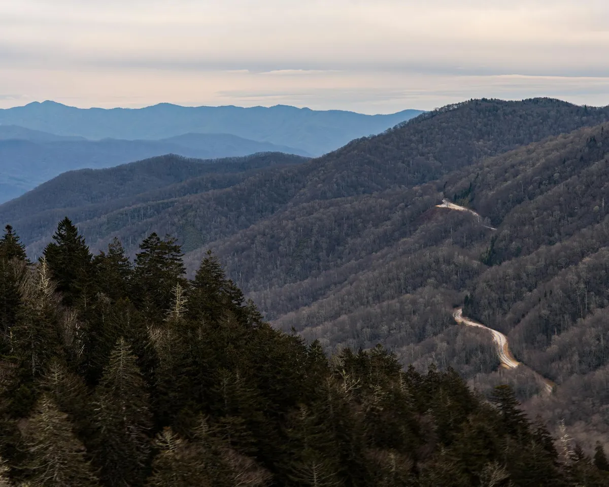 Breathtaking view of Blue Ridge Mountains from overlook on a sunny day