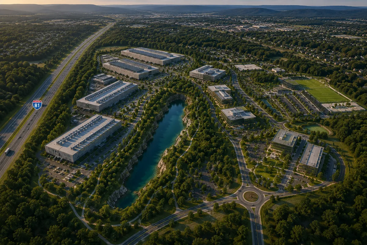 AI-generated conceptual illustration of a data center campus built around a quarry lake near Interstate 81. Not an actual plan, rendering, or approved project