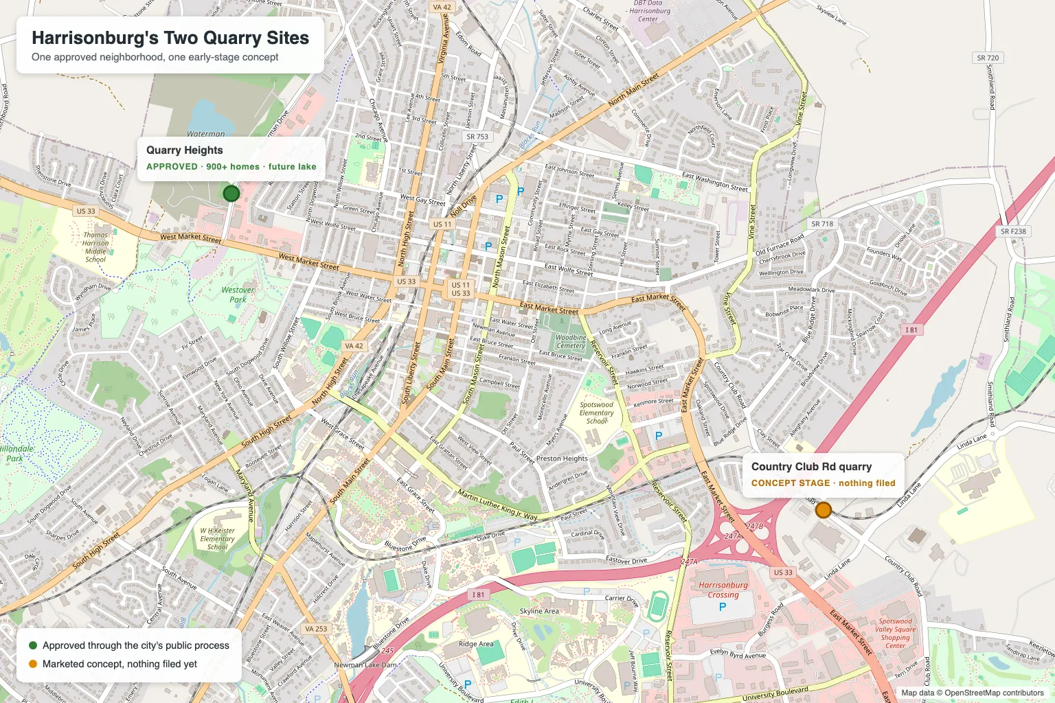 Map of Harrisonburg marking the two former quarry sites: the approved Quarry Heights project near West Market Street and Waterman Drive, and the concept-stage quarry site on Country Club Road near I-81