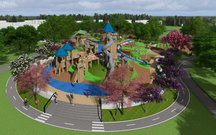 The City of Harrisonburg's overhead design rendering for the new Kids Castle, showing the castle structures, the loop path, and the play zones before construction
