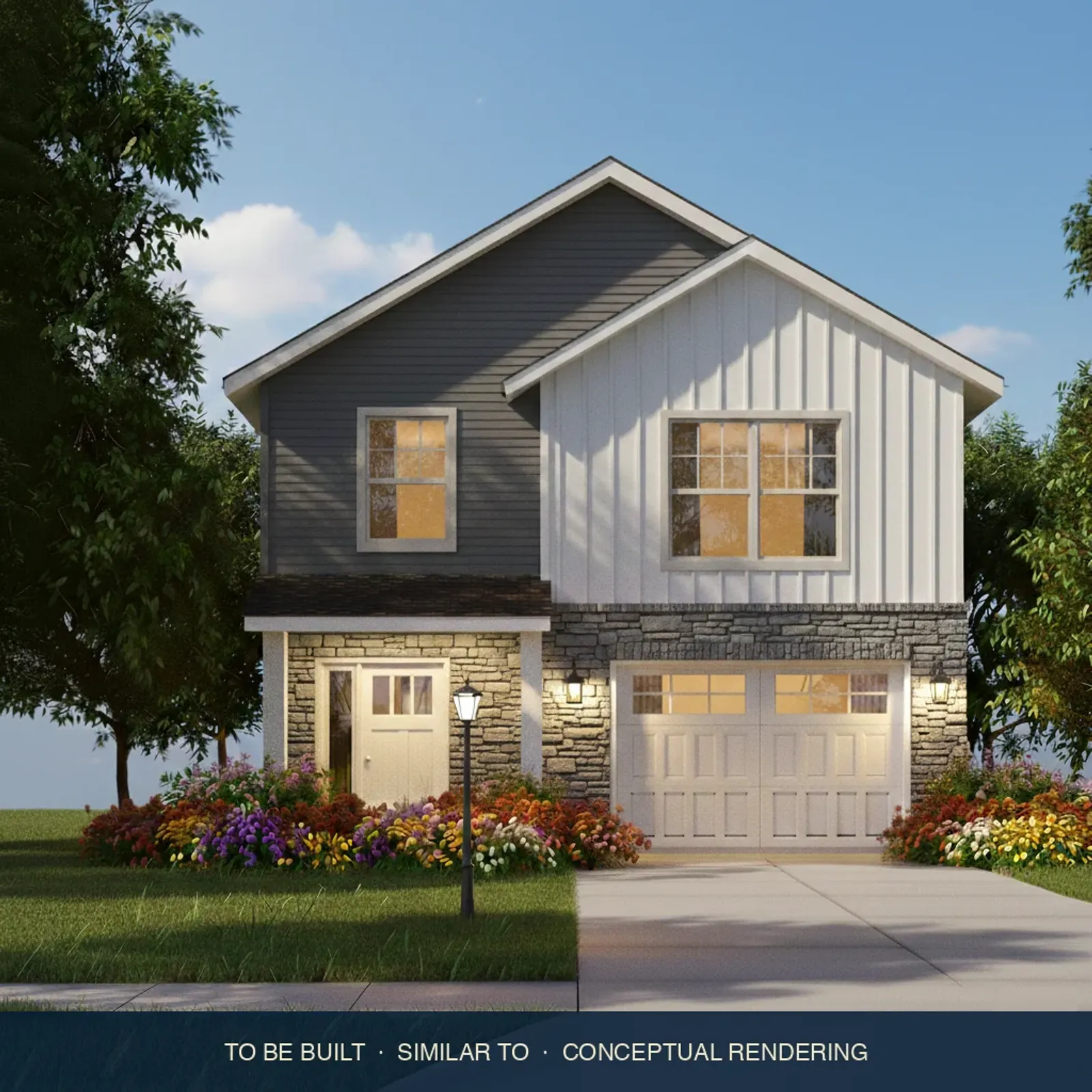 Conceptual rendering of a two-story single-family home with board-and-batten siding and a stone-accented garage, shown in daylight