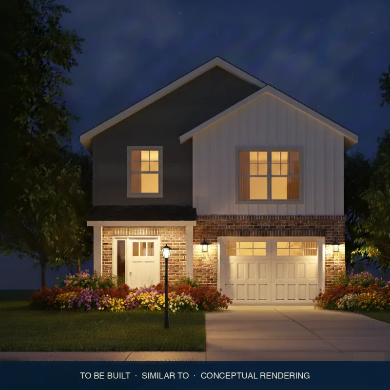 Conceptual rendering of the same two-story single-family home at dusk with warm interior lighting