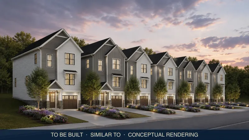 Conceptual rendering of a row of three-story townhomes with garages and landscaped front walks at sunset... to be built, similar to