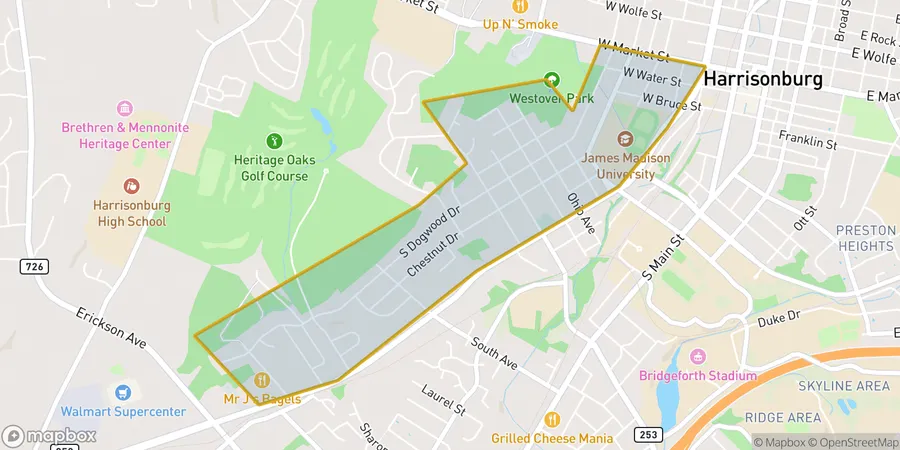 Map of Sunset Heights neighborhood in Harrisonburg VA