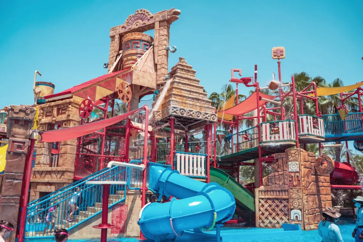 Colorful water slides at a water park.