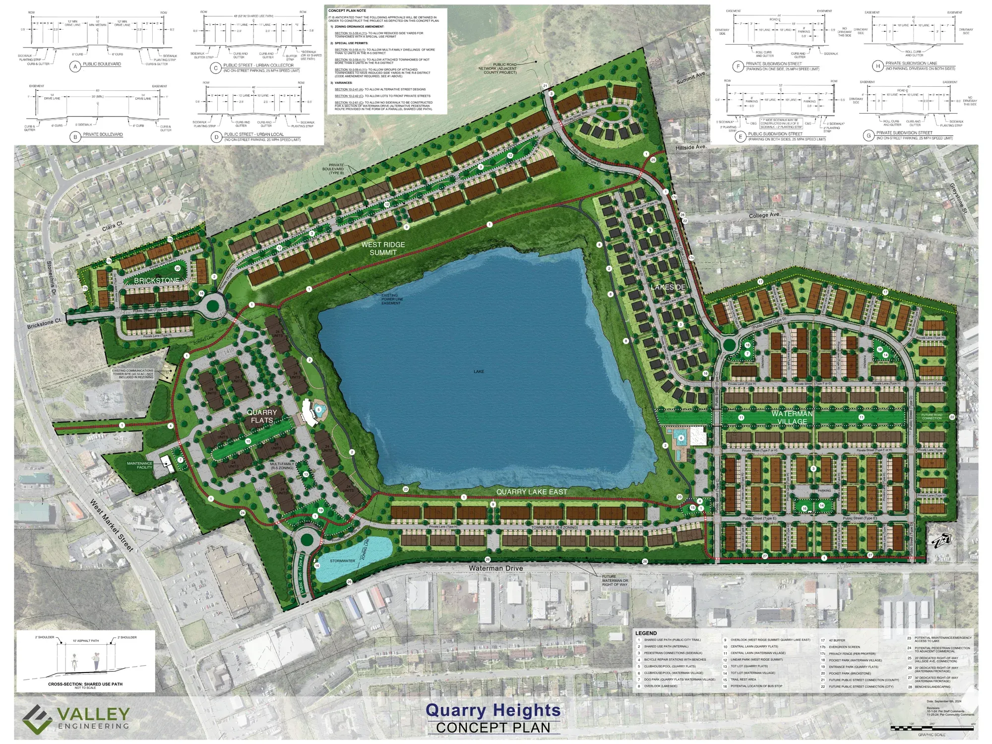 Quarry Heights concept plan from the City of Harrisonburg agenda packet: townhouse and villa blocks wrapped around the 35-acre quarry lake, with apartment buildings near West Market Street and single-family lots on the north side