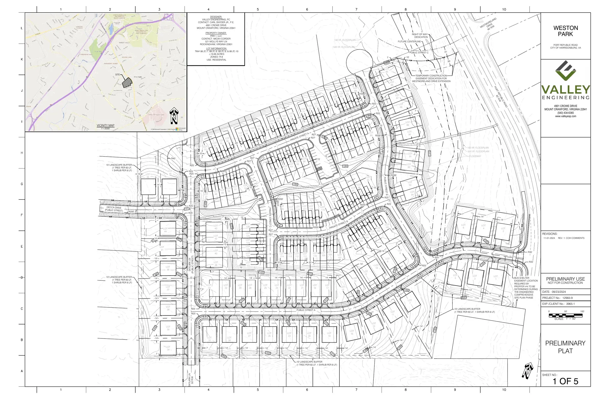 Preliminary plat for Weston Park at 1311 Port Republic Road, from the City of Harrisonburg agenda packet, showing the lot layout for the single-family, duplex, and townhouse sections