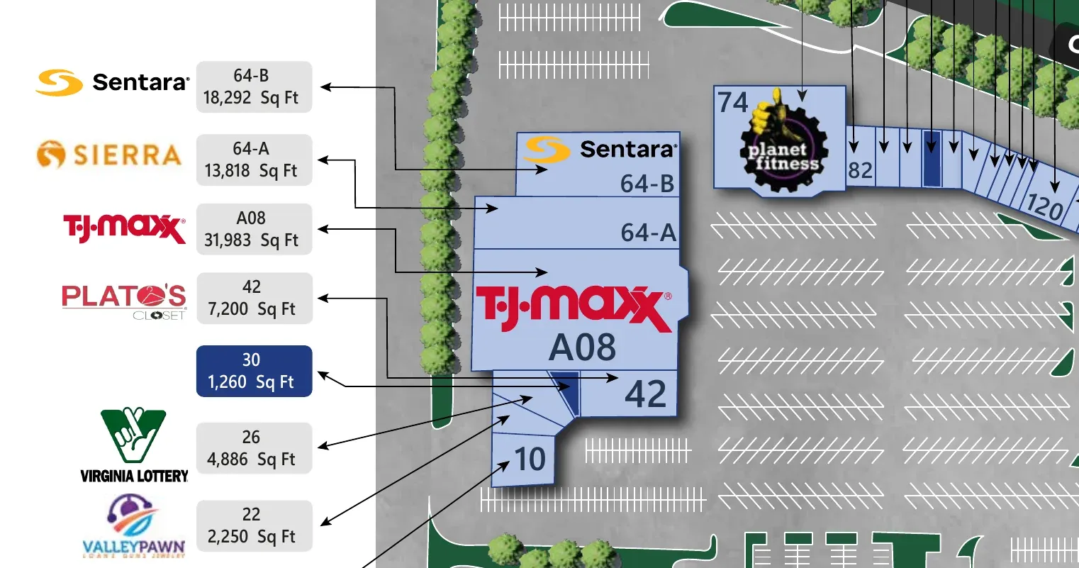 Detail from the Spotswood Valley Square leasing site plan showing Suite 64-A, 13,818 square feet, labeled Sierra, directly beside the TJ Maxx bay