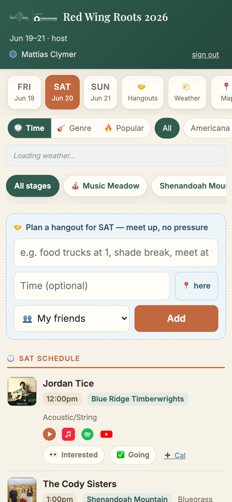 Red Wing Planner app — browse the full festival lineup and build your schedule on your phone