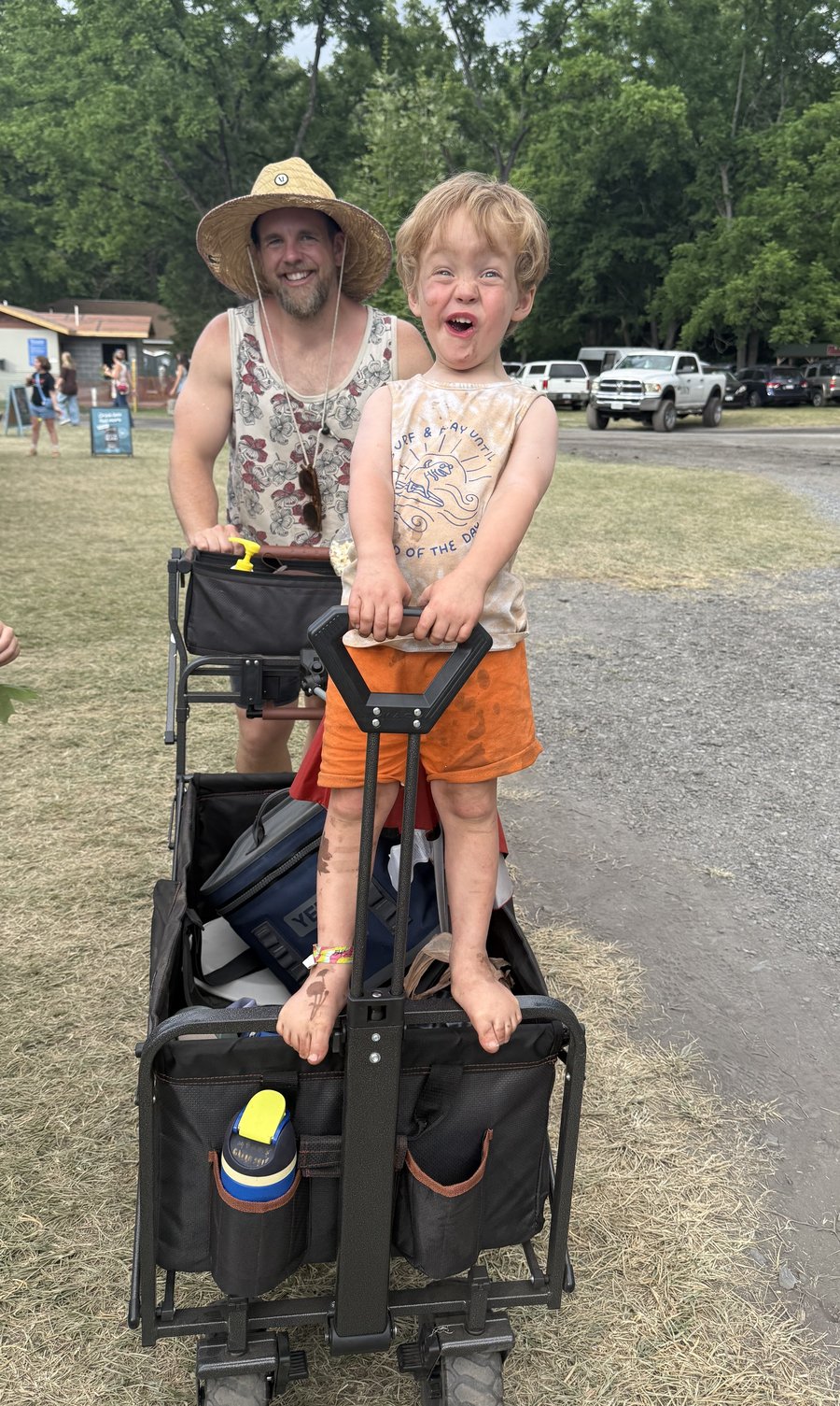 Mattias and his son at Red Wing Roots, wagon loaded for the weekend